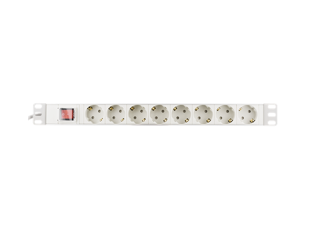 19" 1U Rack 8x Strømforgrener (CEE 7/4) Hvit, m/ bryter, 3m kabel. 16A, 3600W
