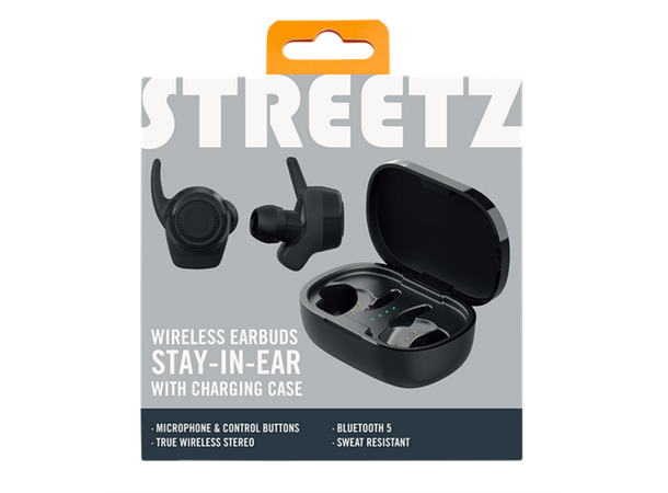 Streetz trådløse ørepropper Bluetooth 5.0, ladeboks, svetteresistent