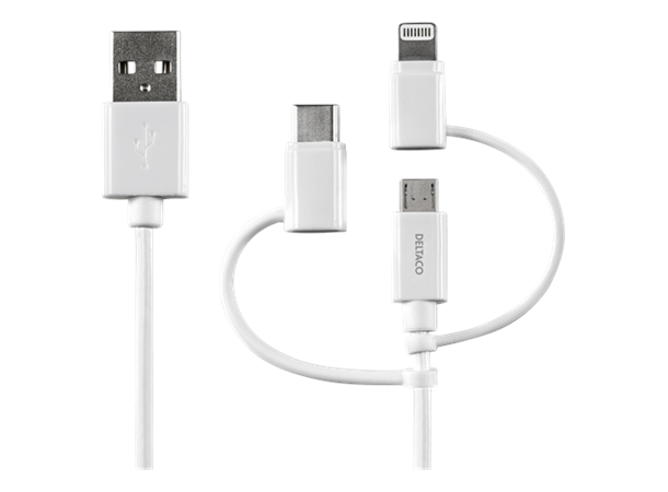 3-in-1 USB til USB C/Micro USB/Lightning 1m, MFi, Sync/Charge cable (15W), hvit