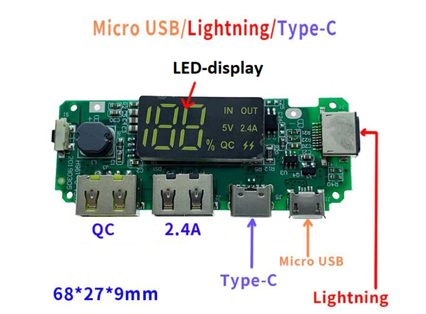 Dual USB Lade-modul, micro,C & Lightning QC, LED-panel, for bl.a. 18650-celler
