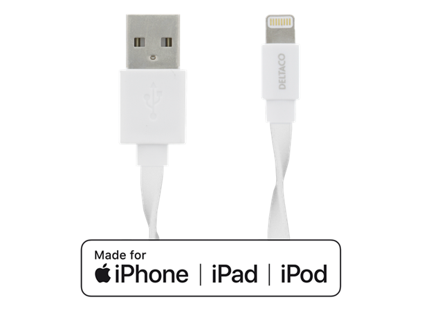 Lightning to USB cable 1m hvit FLAT 1m, flat, MFI lisens fra Apple