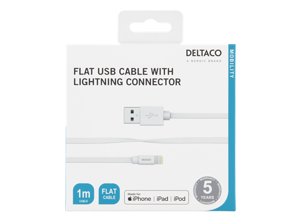 Lightning to USB cable 1m hvit FLAT 1m, flat, MFI lisens fra Apple