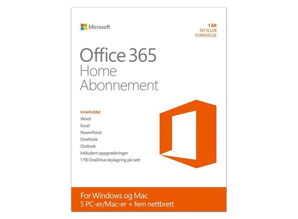 Microsoft Office 365 Home 32/64-bit ESD 5 PC /Mac, 1 år, alle språk. 1TB OneDriv