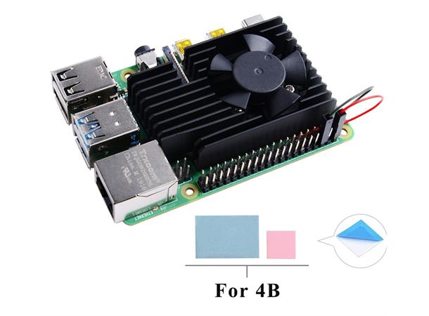 Pi4 aktiv, heldekkende kjøling Dekker CPU, RAM-, USB- og LAN-chip