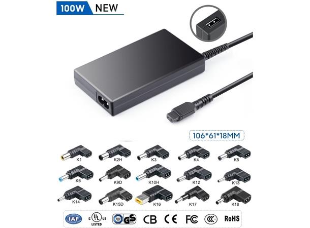 Universallader 100W, 15 kontakter & USB - har pluggene til de fleste nye laptops