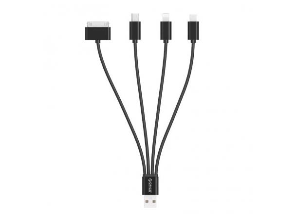 4-in-1 USB->Micro/Mini/Lightning/30-pin Kan lade 4 enheter samtidig (max 15W)
