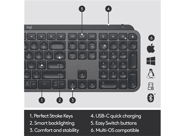 Logitech MX Keys Advanced Trådløst tastatur, 3 enheter, oppladbart