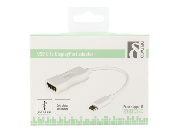 USB-C til DisplayPort adapter (4K), hvit 10cm, DP hunn, max oppl. 4K@60Hz