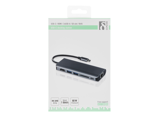 Deltaco USB-C MultiPort Adapter 4K, Sort HDMI, 2x USB 3.0, GbLan, SD Card Reader