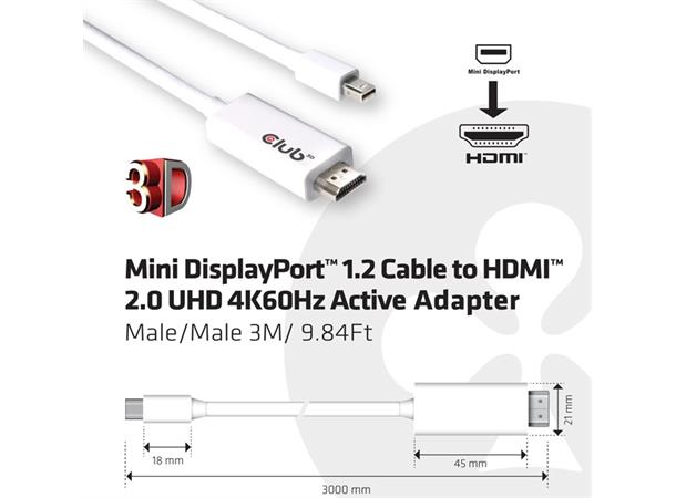 Club3D-kabel miniDP 1.2 til HDMI 2.0, 3m 3m, UHD 4K@60Hz Active Adapter