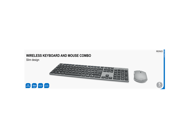DELTACO trådløst tastatur og mus Konstruksjon i aluminium, USB, mørk grå