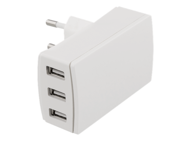 Deltaco 3-porters USB-vegglader hvit, 2,4A max per port, max 3,4A total