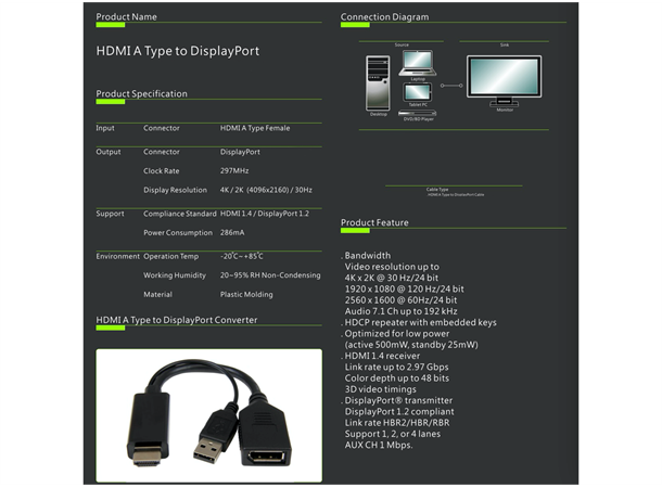 HDMI hann til Displayport hunn adapter Svart, trenger strøm fra USB-kabel