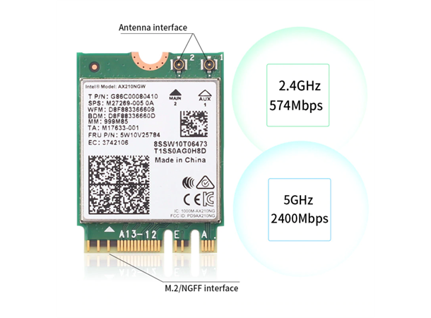 Intel WiFi 6E AX210 (802.11ax) & BT 5.2 DualBand AX/AC, Bluetooth 5.2, M.2 key E