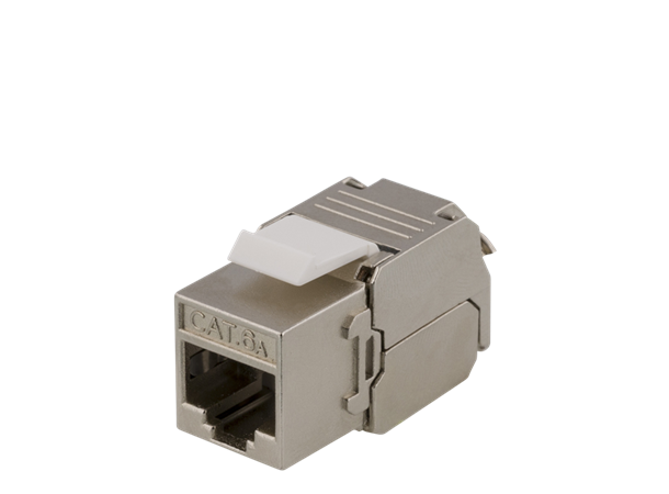 Keystone Cat6A shielded Jack, toolless clamp termination, plastic, white/metal