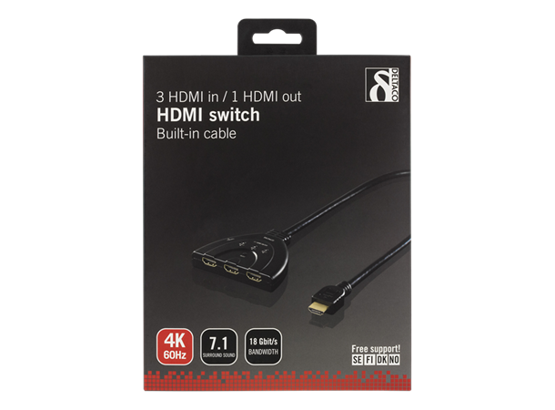 Pigtail 3 til 1 HDMI-switch m/4K-støtte UltraHD @ 60Hz, 7.1 surround-lyd, 0,5m