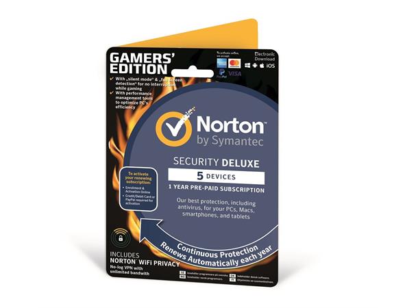 Symantec Norton Security Gamer Edition Antivirus, rask, sikker, VPN, 5 enheter