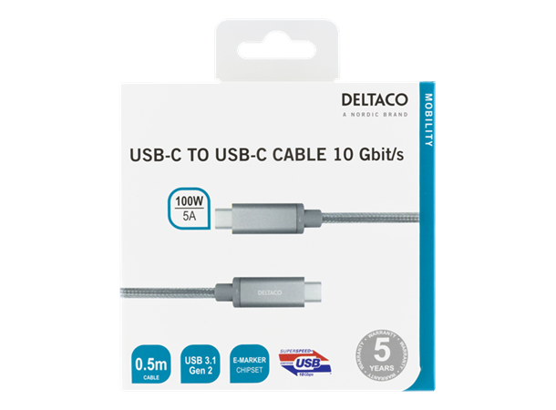 USB-C hann - hann kabel, 0,5m, Silver 0,5m, USB 3.1 Gen 2, 10 Gbps, 100W