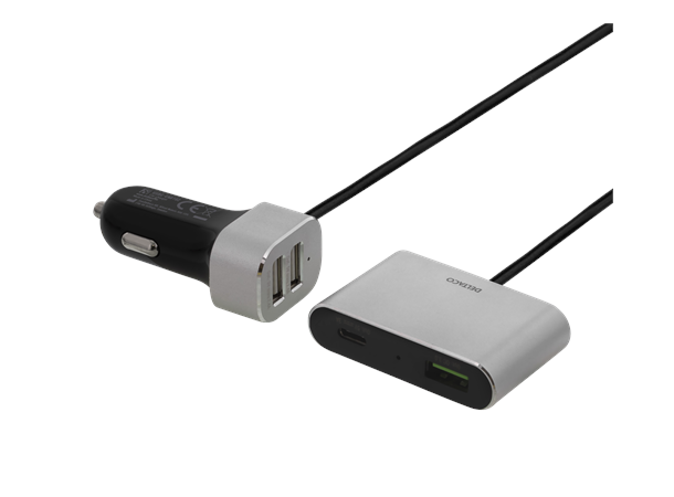Deltaco billader, USB-C & USB-A (QC) 57W USB-ladeporter til både for- & bakseter