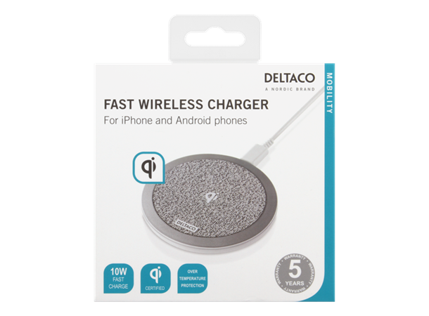 Deltaco trådløs hurtiglader, 10W, Qi 1.2 For iPhone og Android, fabric surface