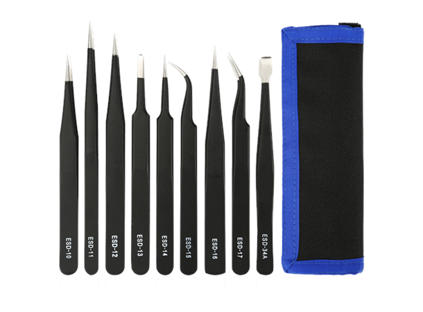 Tweezer kit, 9 pieces, ESD, black Tweezers for multi-purpose repairs