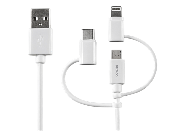 3-i-1 USB til USB C/Micro USB/Lightning 1m, MFi, synk-/ladekabel (15W), hvit