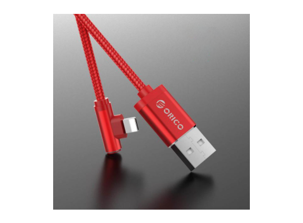 Lightning to USB cable 1,2m rød 90° 1.2m rød, flettet stoff, 90° vinklet