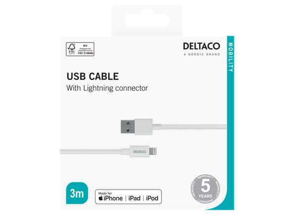 Lightning to USB cable 3m hvit 3m, MFi, synk-/ladekabel, hvit