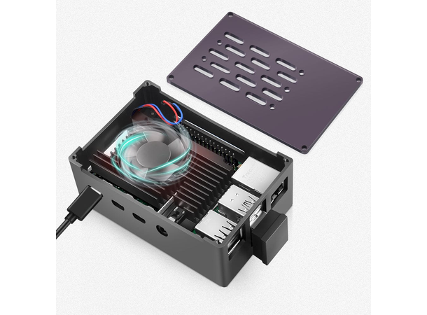 NAS Metal Case for Raspberry Pi 4B inkl lavprofil kjøleribbe m/ vifte