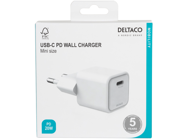 USB-C mini vegglader, 1x USB-C PD 20W Hvit, ujordet, Fast Charge