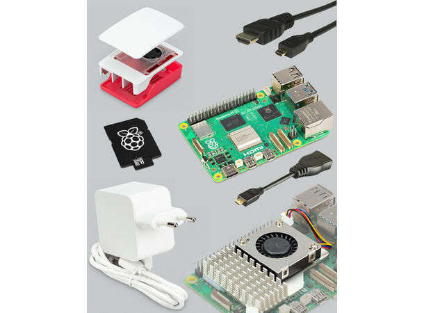 Raspberry Pi5 4GB Kit, Starter 64GB microSD, Kjøling, Case, HDMI, Strøm