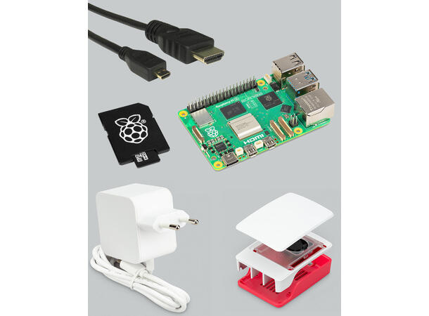 Raspberry Pi5 8GB Kit, Basic 32GB microSD, Case, Strøm, HDMI-kabel