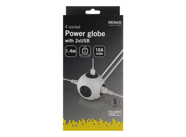 Power globe 2xUSB-A 2.1A, 4xCEE 7/3 Uten bryter, 1,5m 1xCEE7/7, 16A, 3680W
