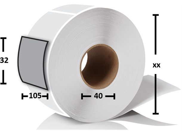 Termoprint-etiketter med lim (105x32mm) Rull à 1100 stk (40mm kjerne)