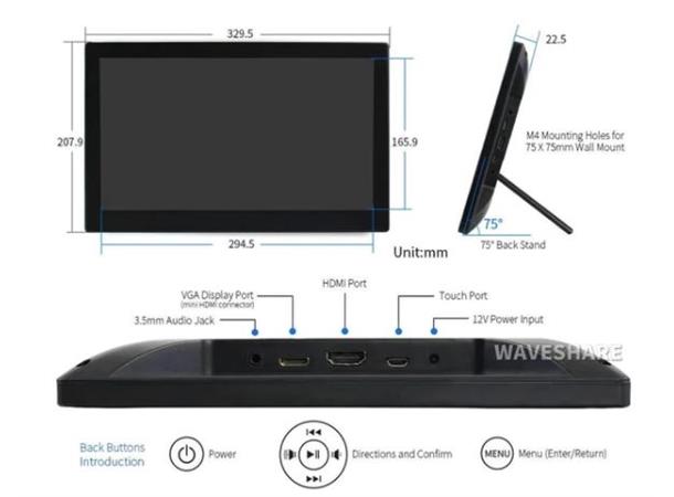 13.3" IPS Kapasitiv Touchskjerm 1920x1080, kompatibel med bl.a. RPi