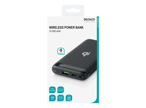 Deltaco PowerBank med Qi 10000mAh Qi, 1x USB-A hurtiglading, 1x USB-C PD