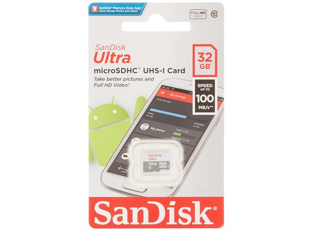Sandisk Ultra Android microSD 32GB 100MB/s, klasse10, UHS-I, microSDHC