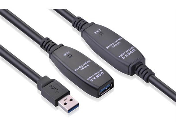 Aktiv USB 3.0 Forlenger 20m, svart trenger strømforsyning, se tilbehør