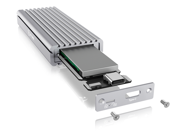 Icy Box USB-C M.2 NVMe SSD - Matt Sølv skrive-lås, følger med to USB-C-kabler