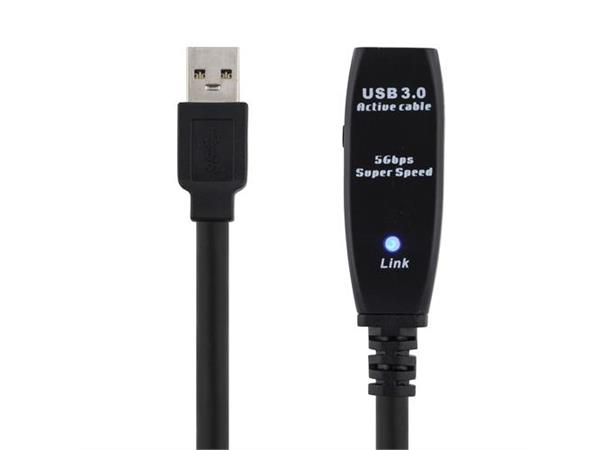 Aktiv USB 3.0 Forlenger 5m, svart 5m,Type A han-hun, Strømforsynes via USB