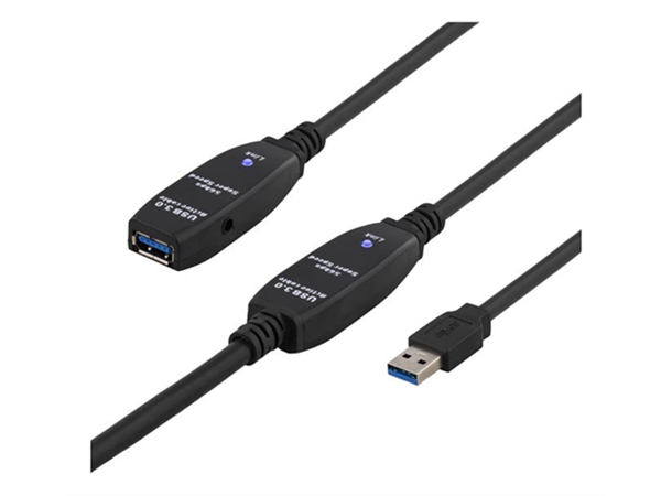Aktiv USB 3.0 Forlenger 10m, svart 10m, Type A han - hun, med strømadapter