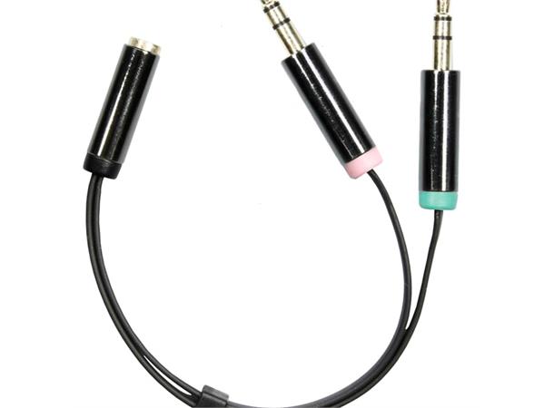 Headset-adapter 2x3,5mm -> 4-pins 3,5mm 2x3,5mm (mic+audio) M -> 1x3,5mm 4-pin F