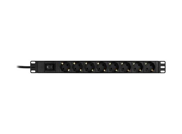 19" 1U Rack 8x Strømforgrener (CEE 7/4) Svart, m/ bryter, 3m kabel. 16A, 3600W