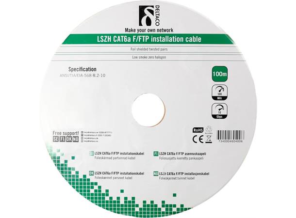 Nettverkskabel Cat6a FTP 100m LSZH rull, F/FTP, uten kontakter